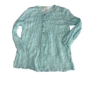Eileen Fisher Linen Teal Light Weight Button-Up Blouse Petite Medium